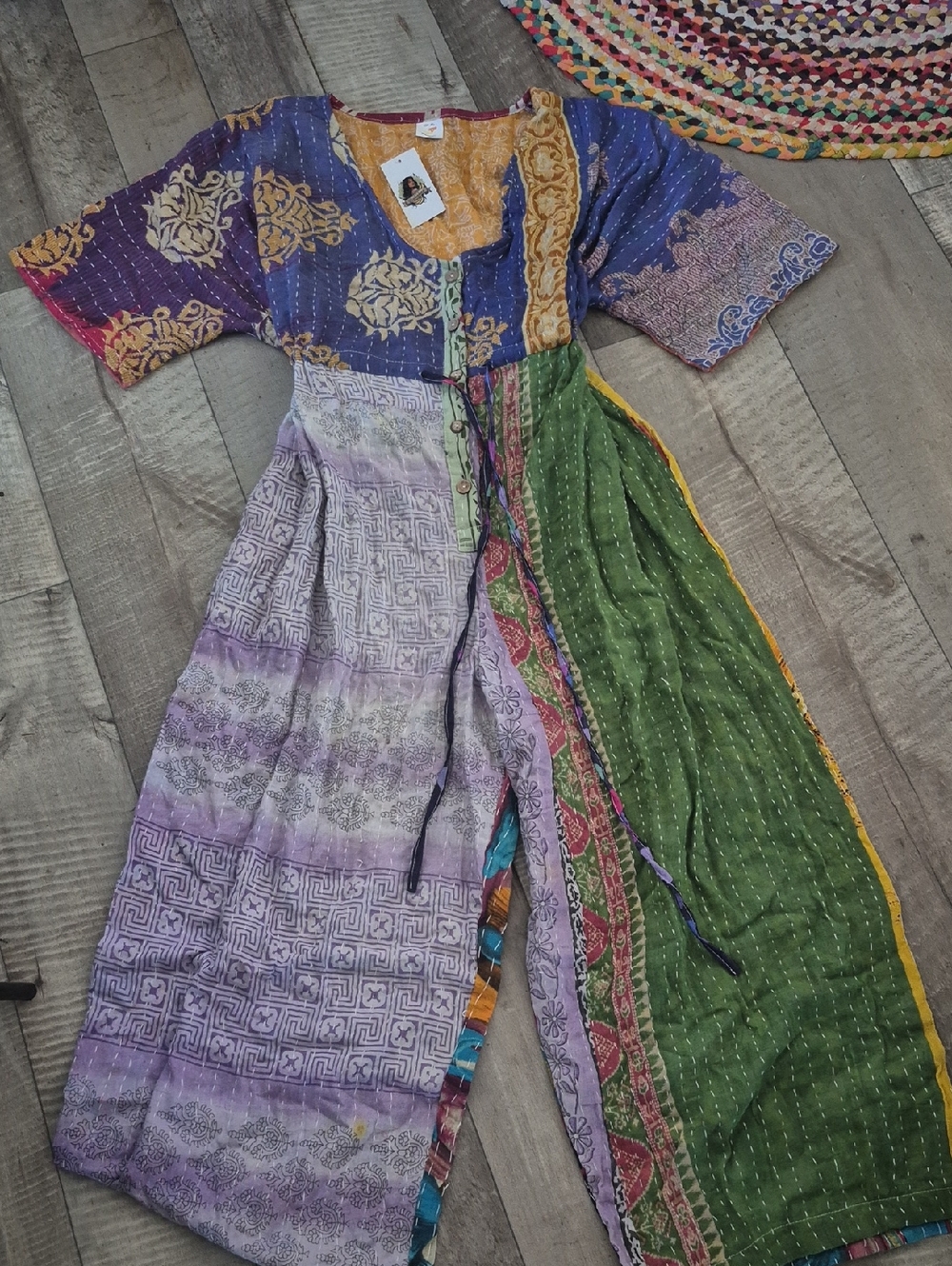 Custom High Quality Kantha Bohemian Patchwork Wide-Leg Jumpsuit Adjustable NWT - Picture 2 of 11